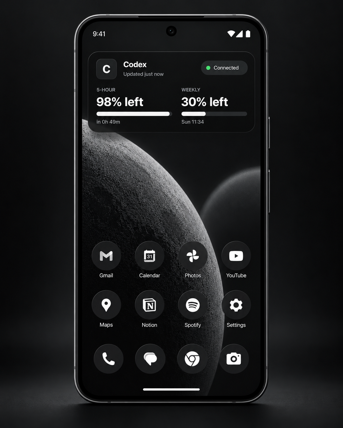 Headroom widget on an Android home screen showing Codex five-hour and weekly usage limits.