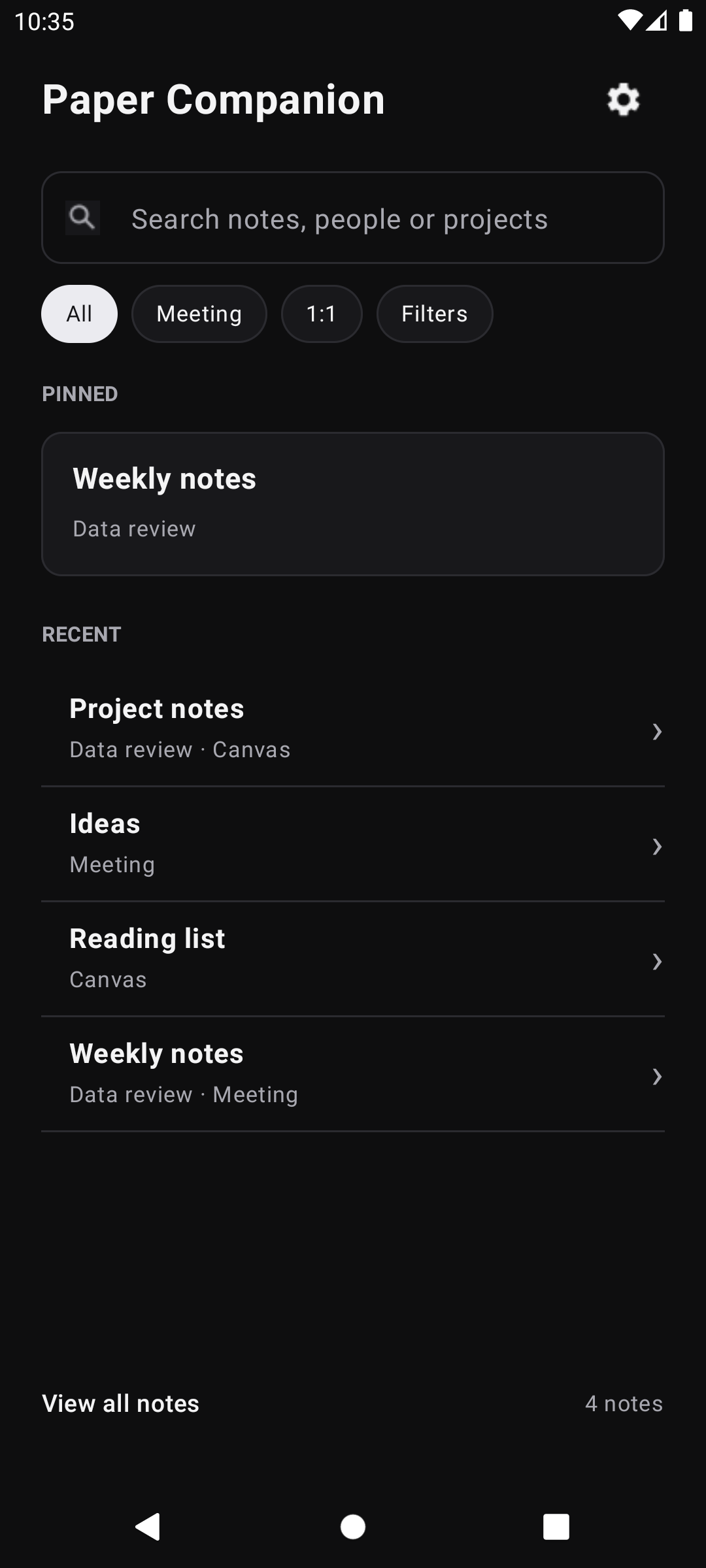 Paper Companion note library in dark mode